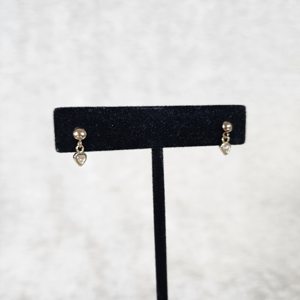 14k Gold Plated CZ Dainty Heart Dangle Stud Earrings